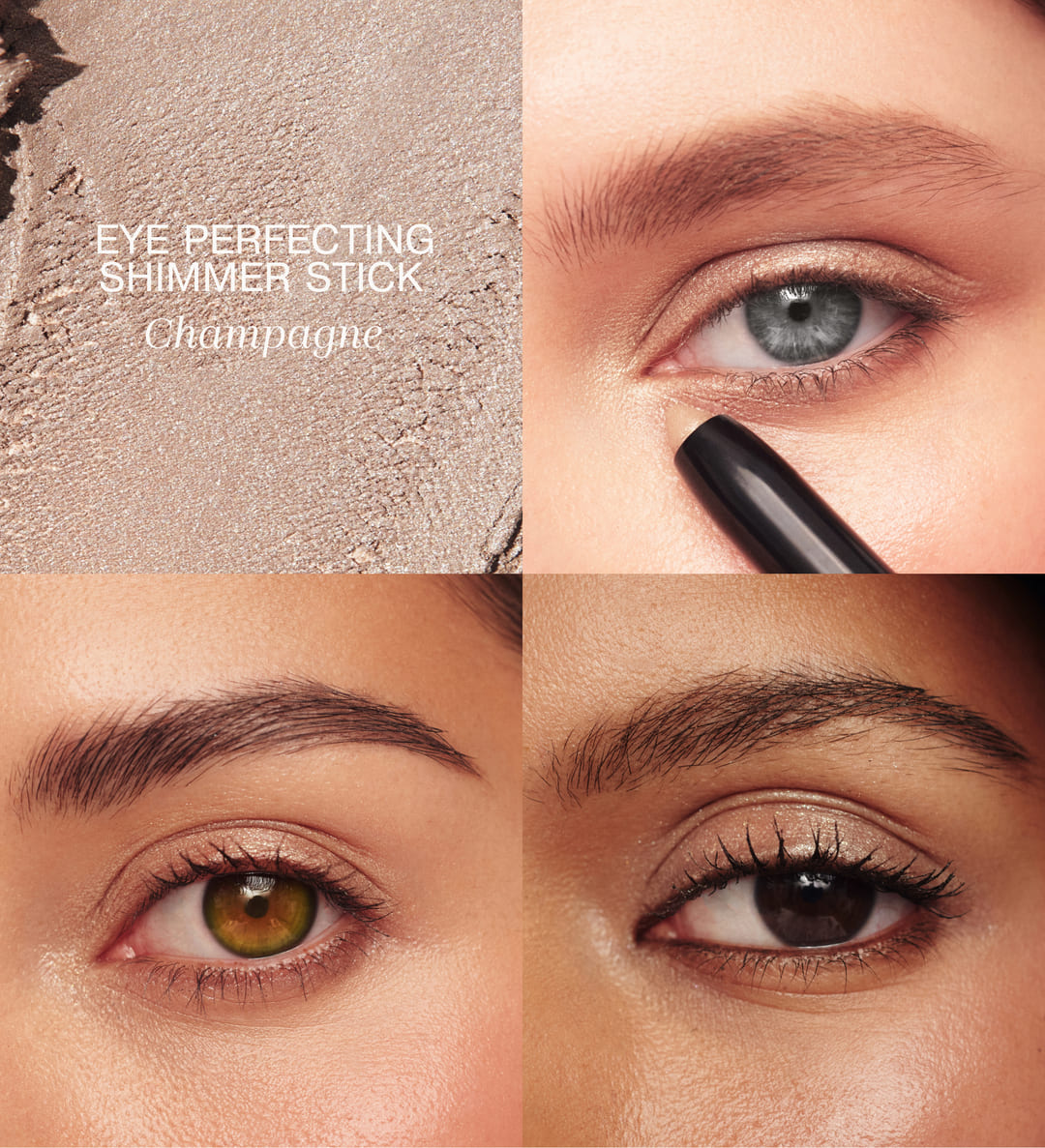 Eye Perfecting Shimmer Stick in Champagne textuur en applicatie op modellen met verschillende oogkleuren