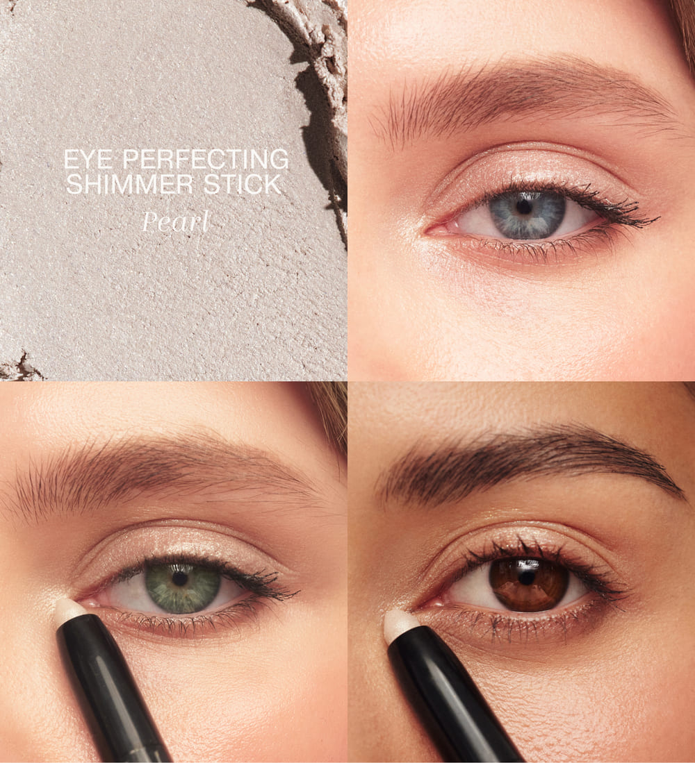 Mini Eye Shimmer Set met Eye Perfecting Shimmer Stick in Pearl, swatch en applicatie op blauwe, groene en bruine ogen