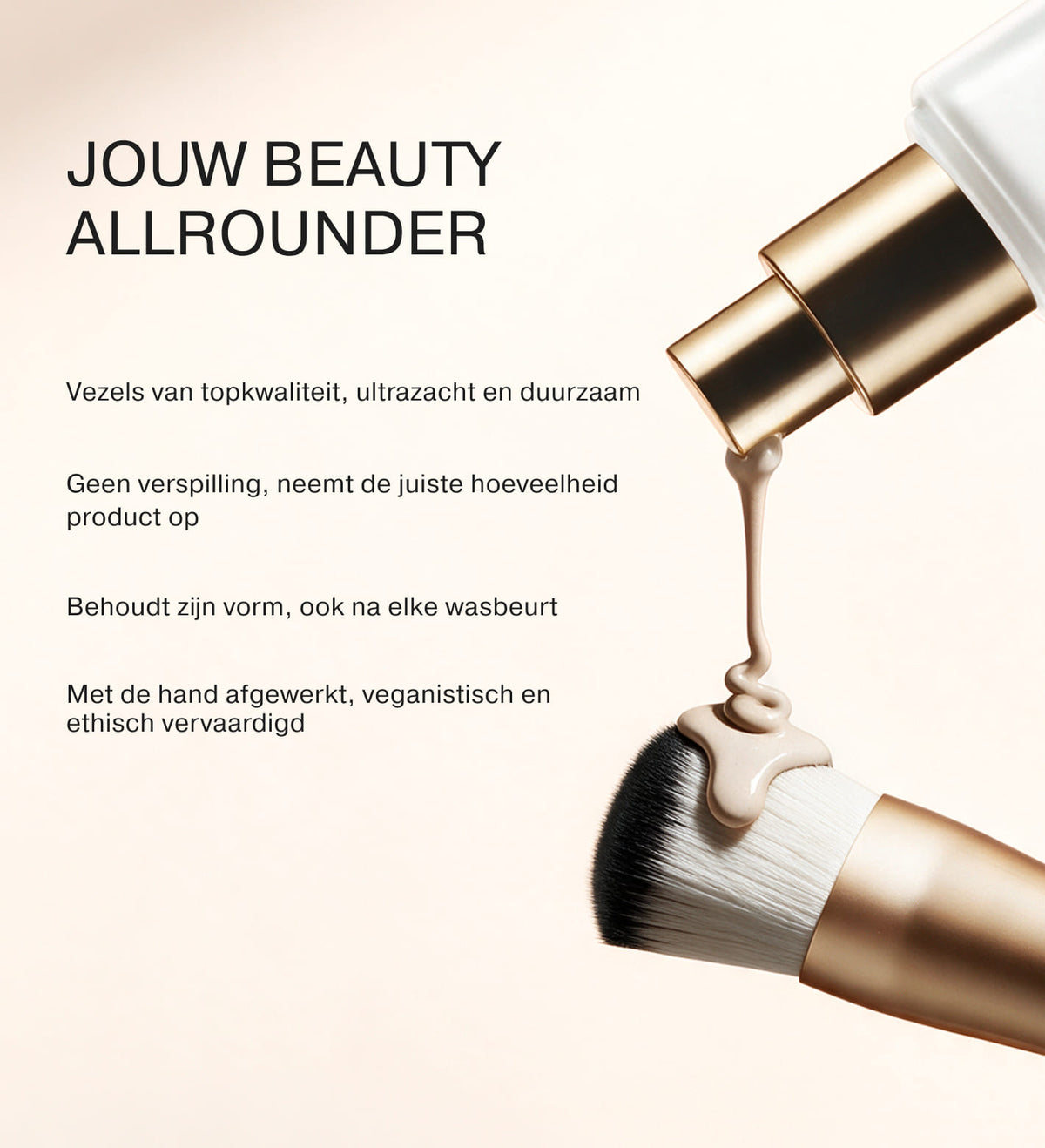 Foundation wordt op de zachte synthetische haren van de 2-in-1 Build & Conceal Brush gedruppeld voor een naadloze applicatie.