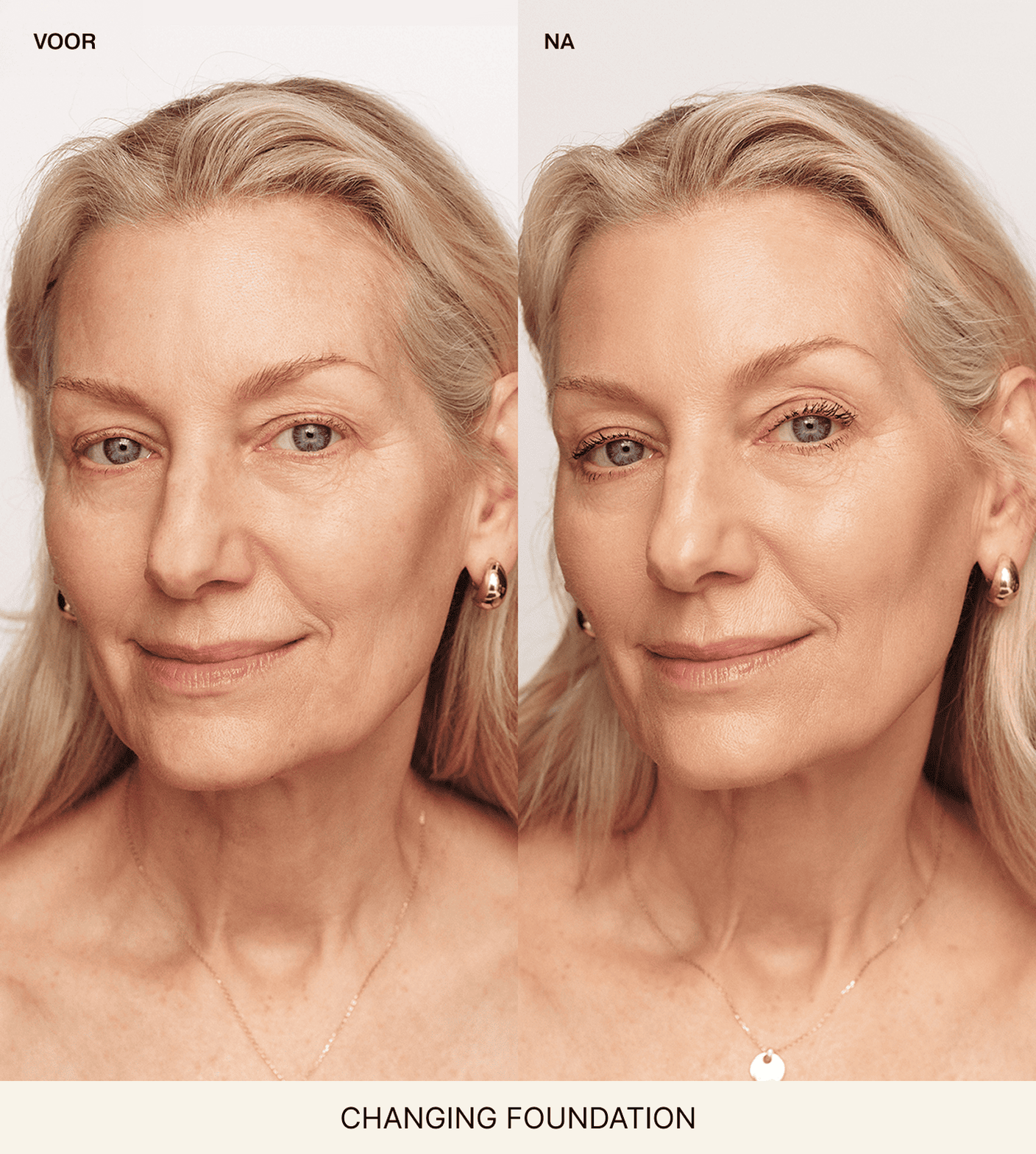 Changing Foundation voor en na vergelijking op een rijpe huid uit de Essential Duo (+3 Gratis Cadeaus)