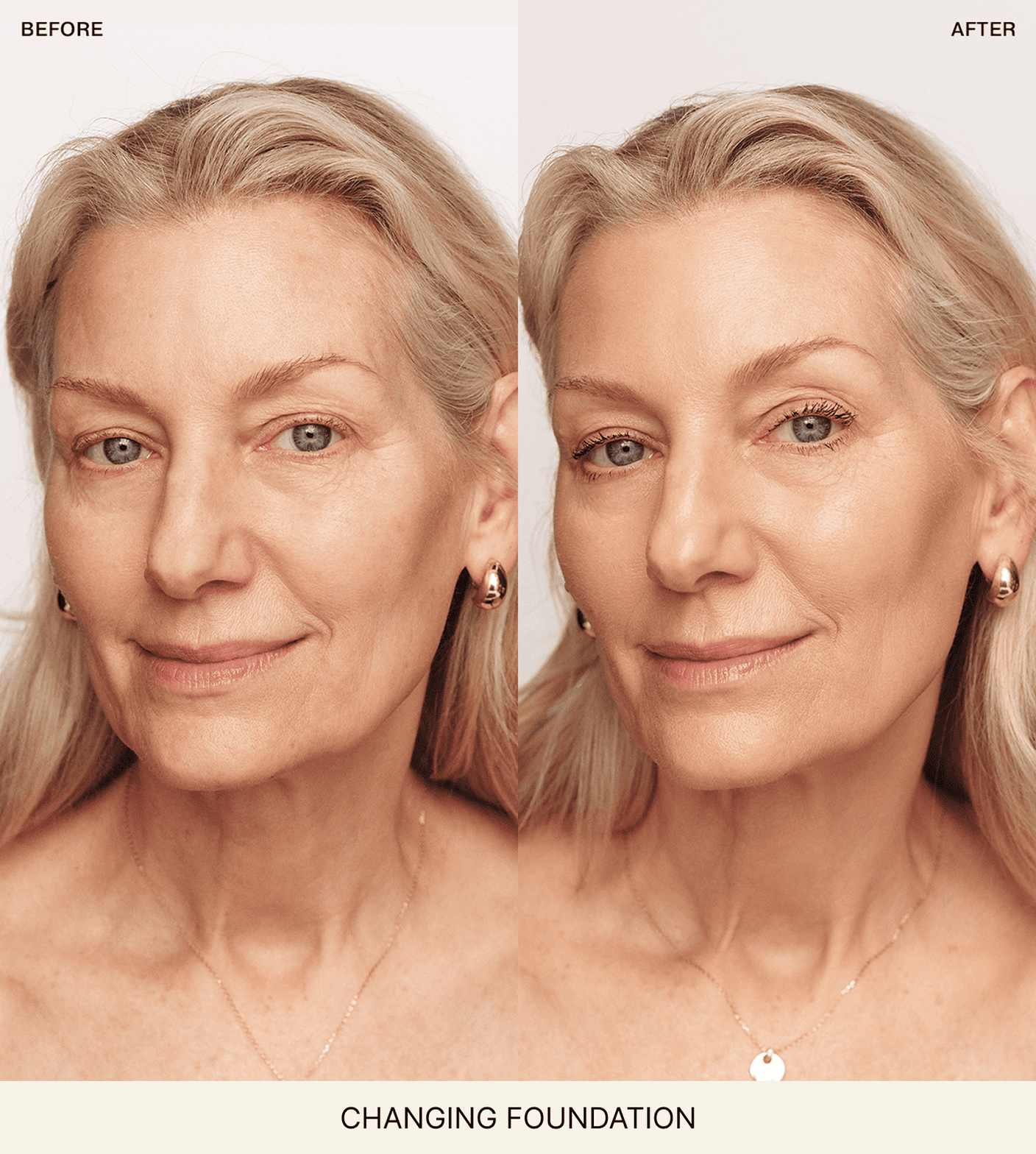 Meroda Cosmetics Changing Foundation voor en na vergelijking bij een rijpere vrouw die roodheid en oneffenheden camoufleert