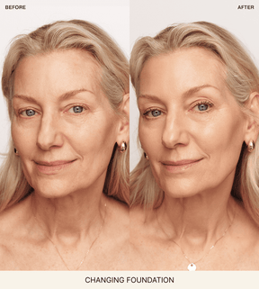 Meroda Cosmetics Changing Foundation voor en na vergelijking bij een rijpere vrouw die roodheid en oneffenheden camoufleert