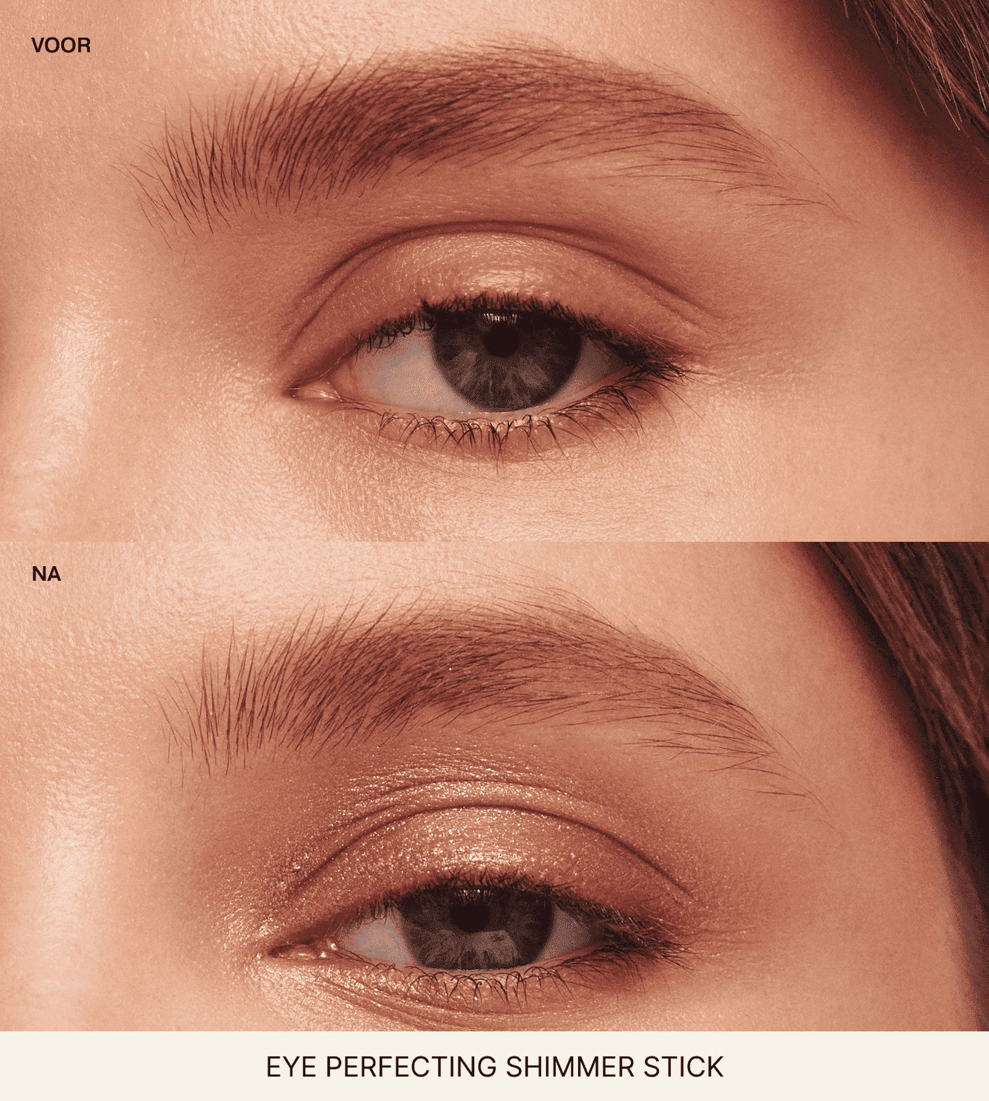 Eye Perfecting Shimmer Stick voor en na vergelijking voor een subtiele gloed uit het Essential Duo (+3 Gratis Cadeaus).
