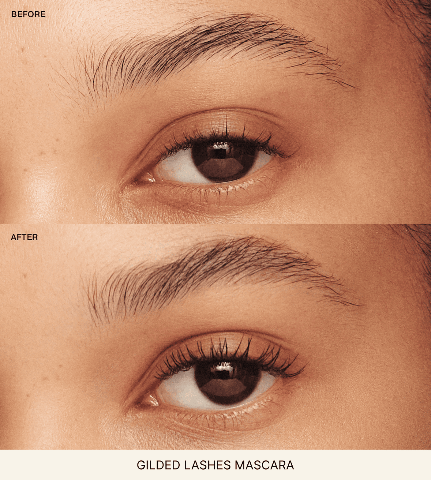 Essential Duo (+3 Gratis Cadeaus) met Gilded Lashes Mascara voor en na vergelijking van lengte en volume