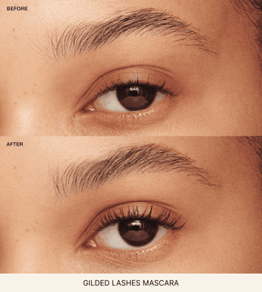 Essential Duo (+3 Gratis Cadeaus) met Gilded Lashes Mascara voor en na vergelijking van lengte en volume