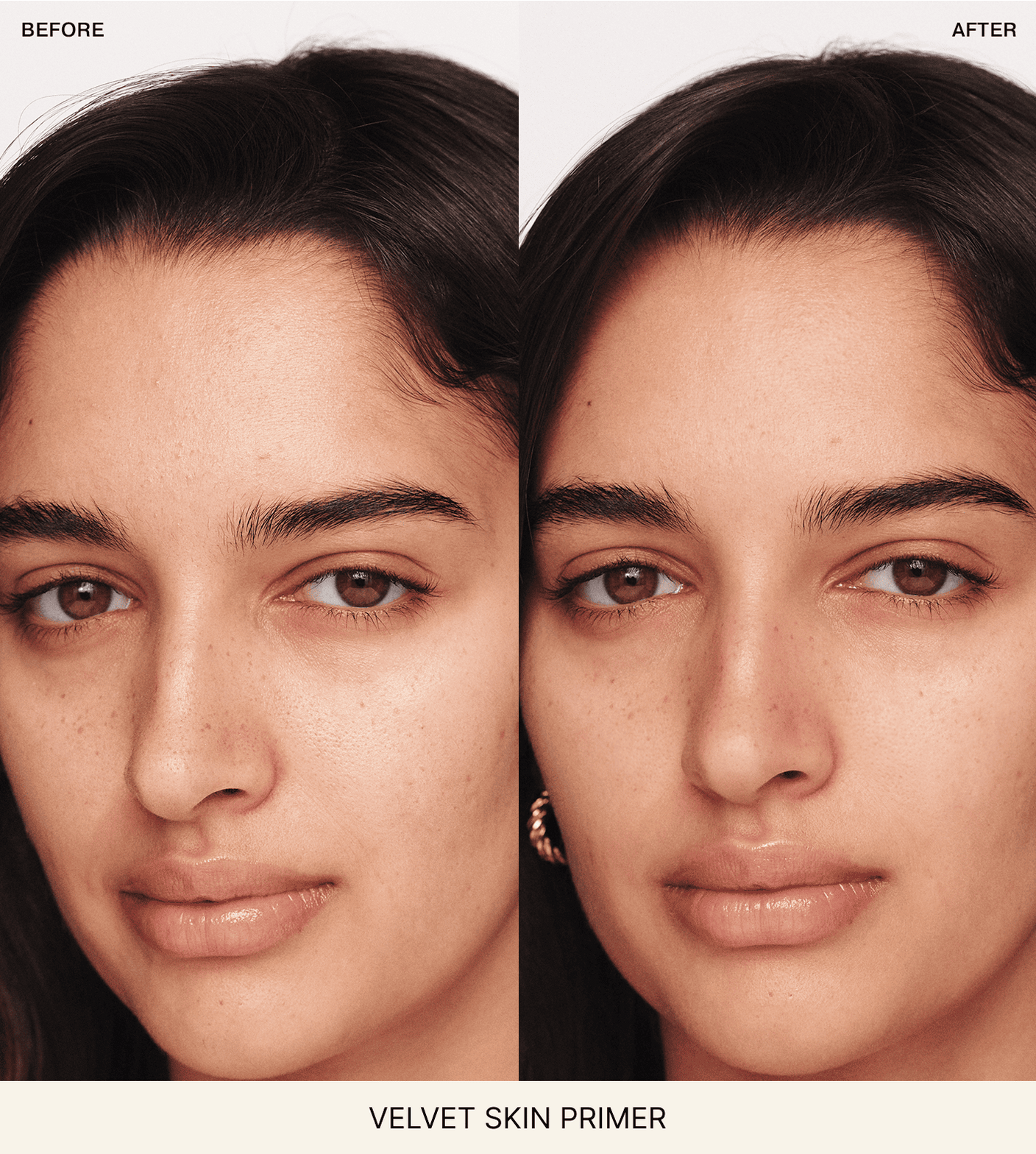 Velvet Skin Primer voor en na vergelijking die vervaagde poriën en fijne lijntjes laat zien voor een vlekkeloze teint