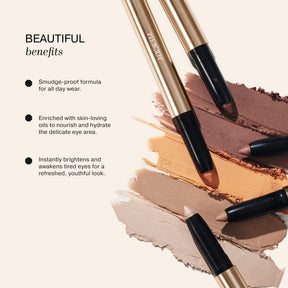 Eye Perfecting Shimmer Stick in gouden huls met neutrale swatches en voordelen van de veegvaste formule