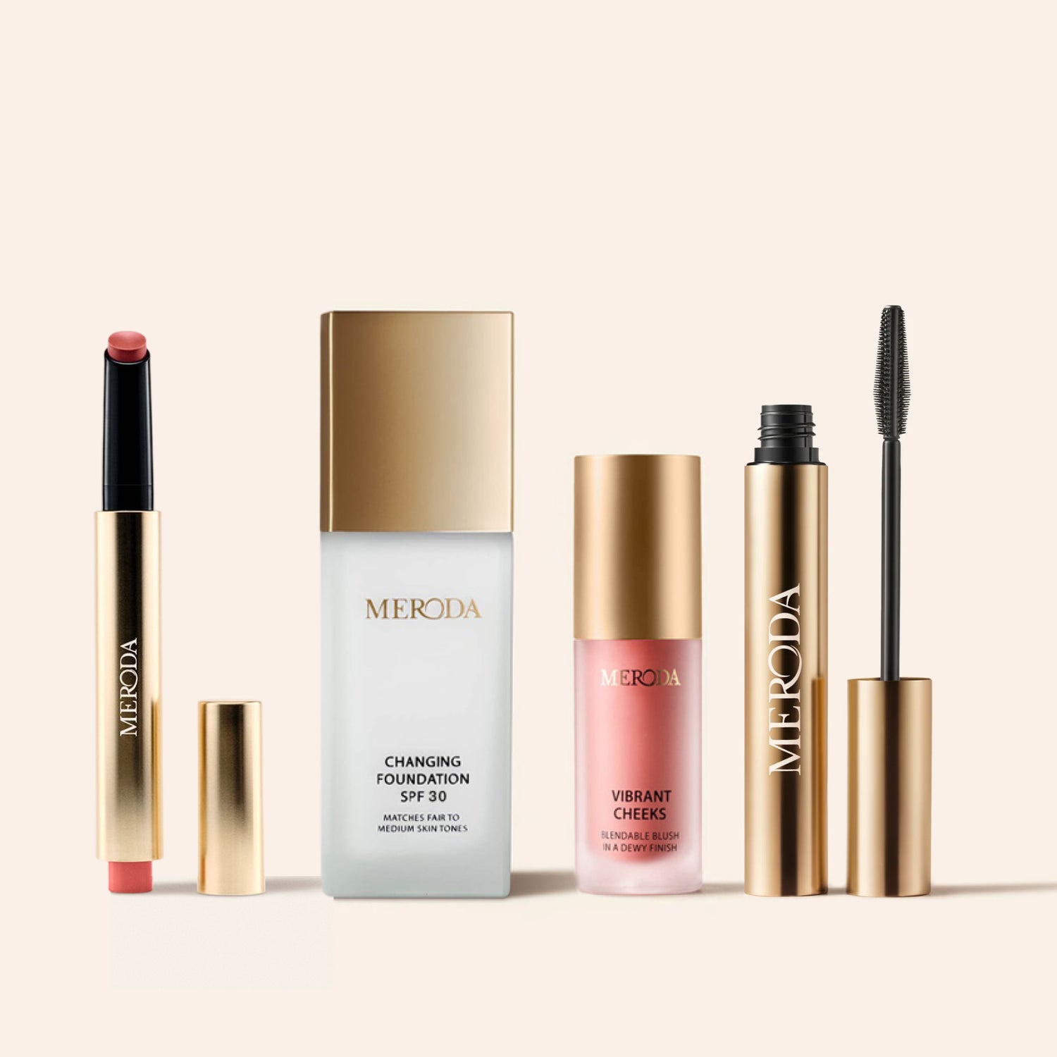 On The Go Bundle met Hydrating Lip Tint, Changing Foundation, Vibrant Cheeks Blush en Gilded Lashes Mascara