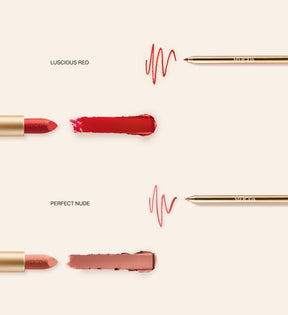 Luscious Lips Set met Velvet Dream Lipsticks en Signature Lip Pencils in Luscious Red en Perfect Nude met swatches