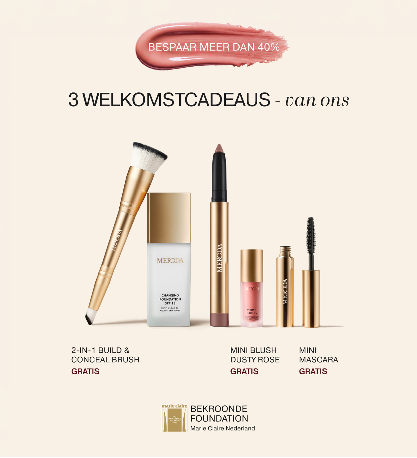 Meroda Marie Claire Award Bundel met Changing Foundation, 2-in-1 Build & Conceal Brush, Mini Blush en Mini Mascara.
