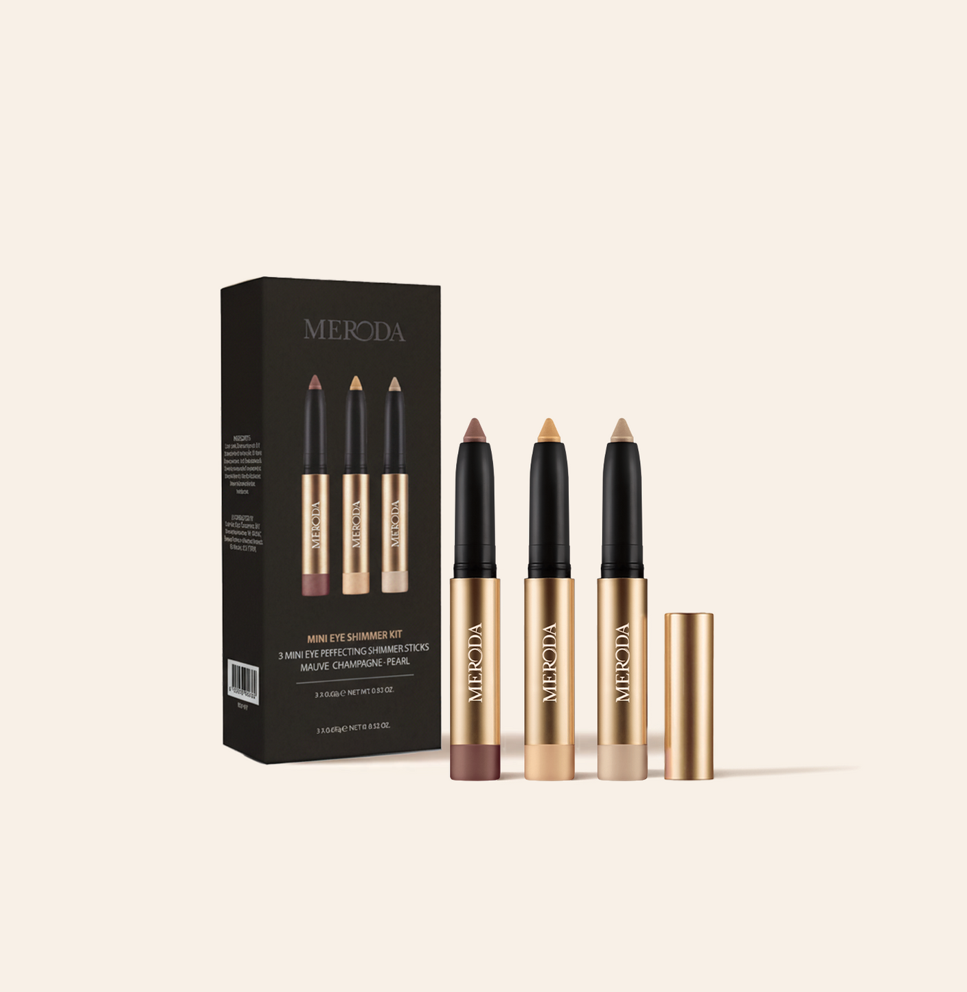 Meroda Cosmetics Mini Eye Shimmer Set met doos en drie shimmer sticks in Mauve, Champagne en Pearl