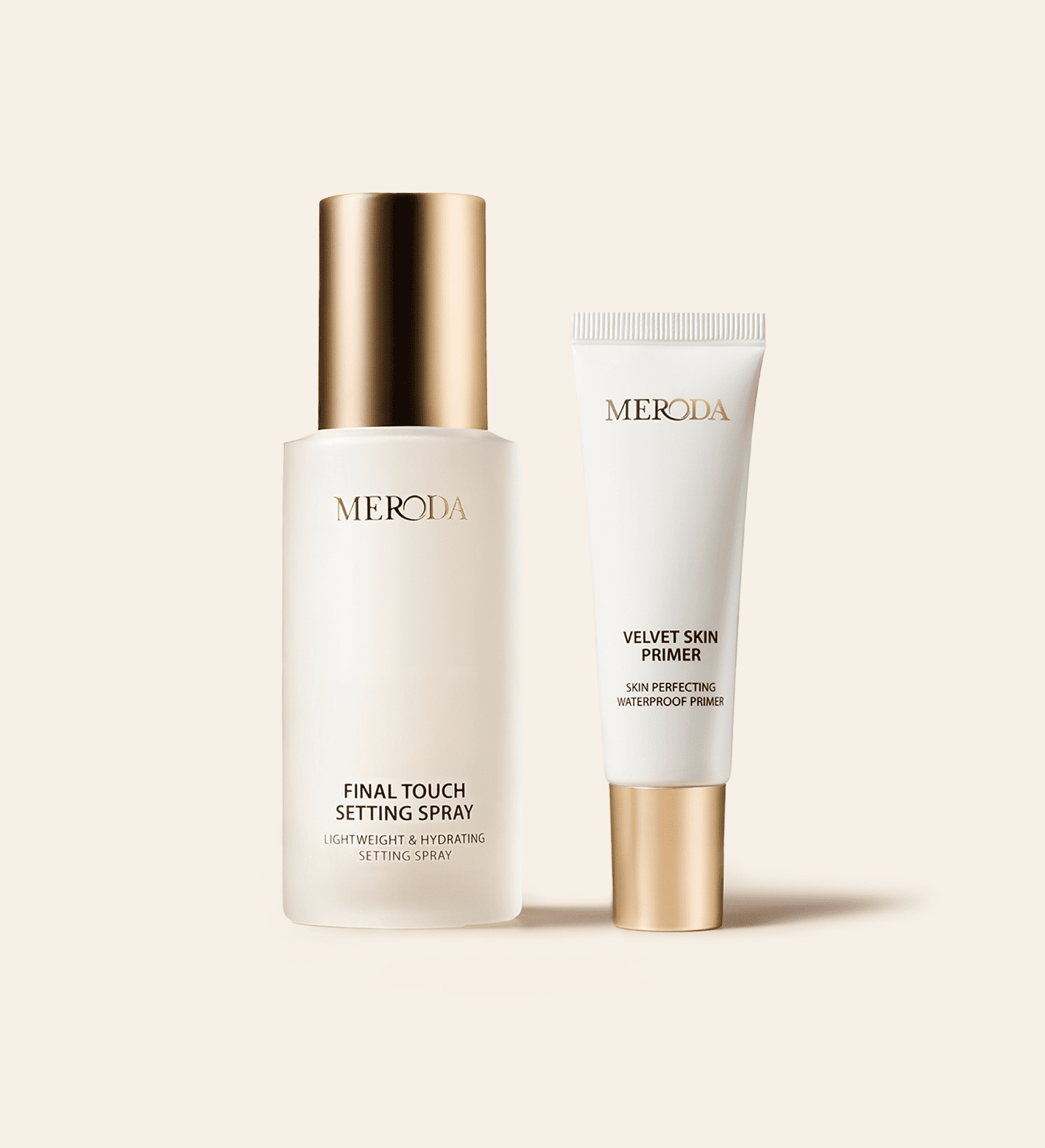Meroda Cosmetics Prep & Set Duo met Final Touch Setting Spray en Velvet Skin Primer op een lichte achtergrond