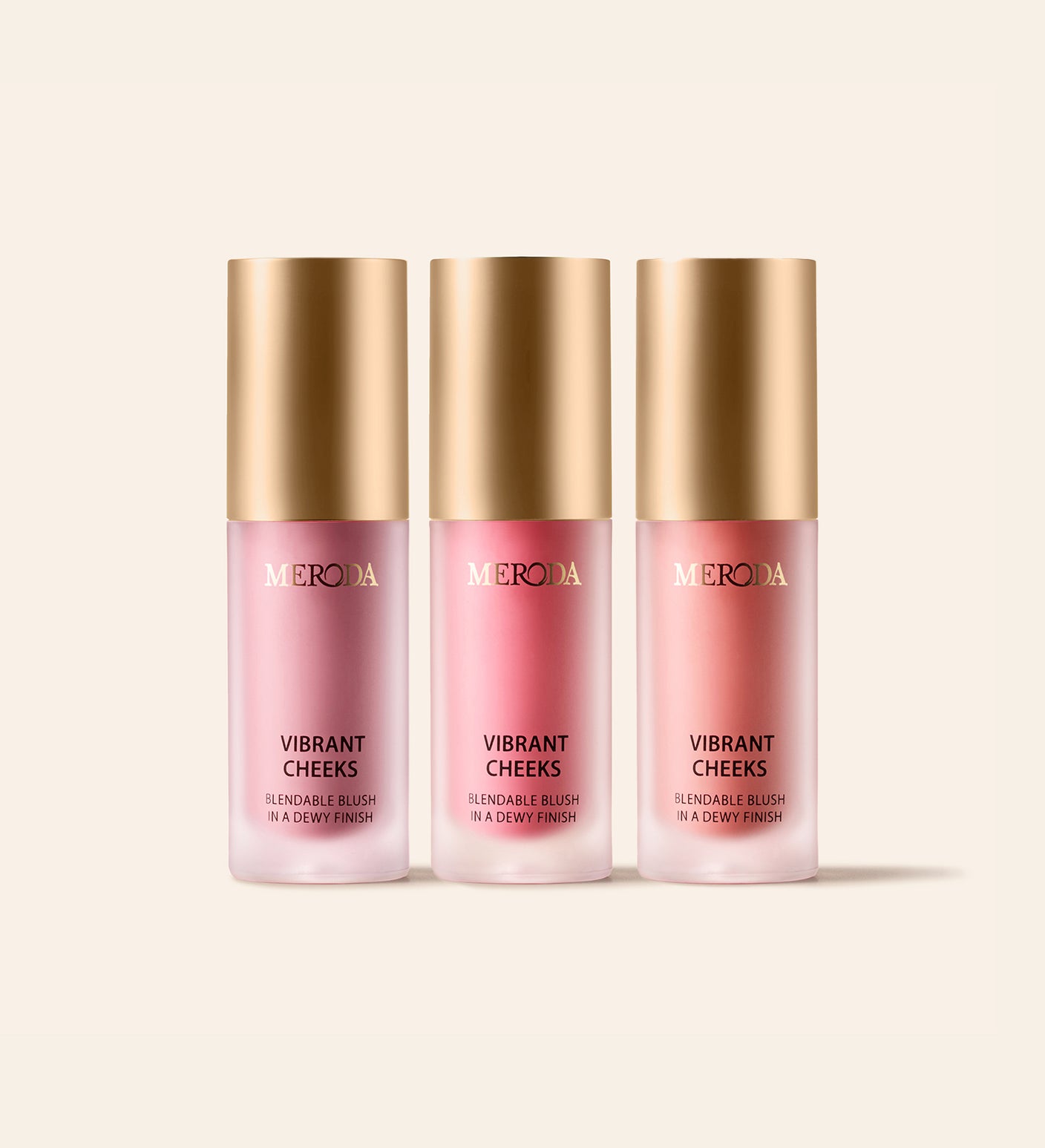 Meroda Cosmetics Vibrant Cheeks Trio met drie blendbare vloeibare blush tinten voor een dewy finish