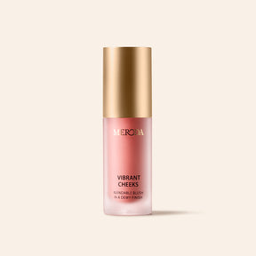 Meroda Cosmetics Vibrant Cheeks Liquid Blush flesje in de kleur Dusty Rose op een lichte achtergrond
