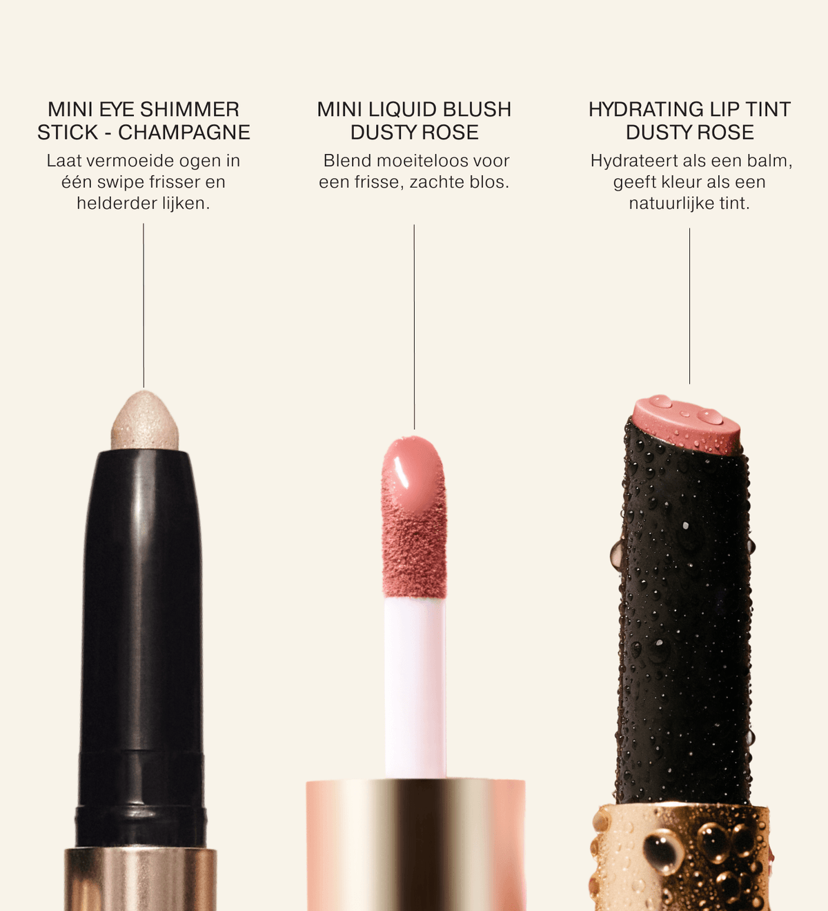 Soft Touch Trio met de Eye Shimmer Stick, Liquid Blush en Hydrating Lip Tint inclusief productdetails.