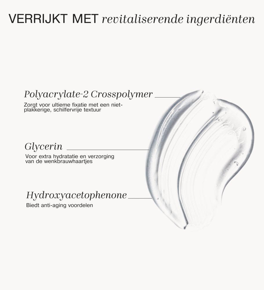 The Precision Brow Gel swatch van transparante textuur die revitaliserende ingrediënten uitlicht