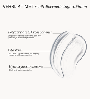 The Precision Brow Gel swatch van transparante textuur die revitaliserende ingrediënten uitlicht