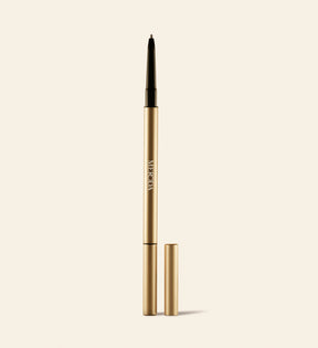 Meroda Cosmetics The Precision Brow Pencil in Ash, goudkleurig wenkbrauwpotlood met fijne punt op een lichte achtergrond.