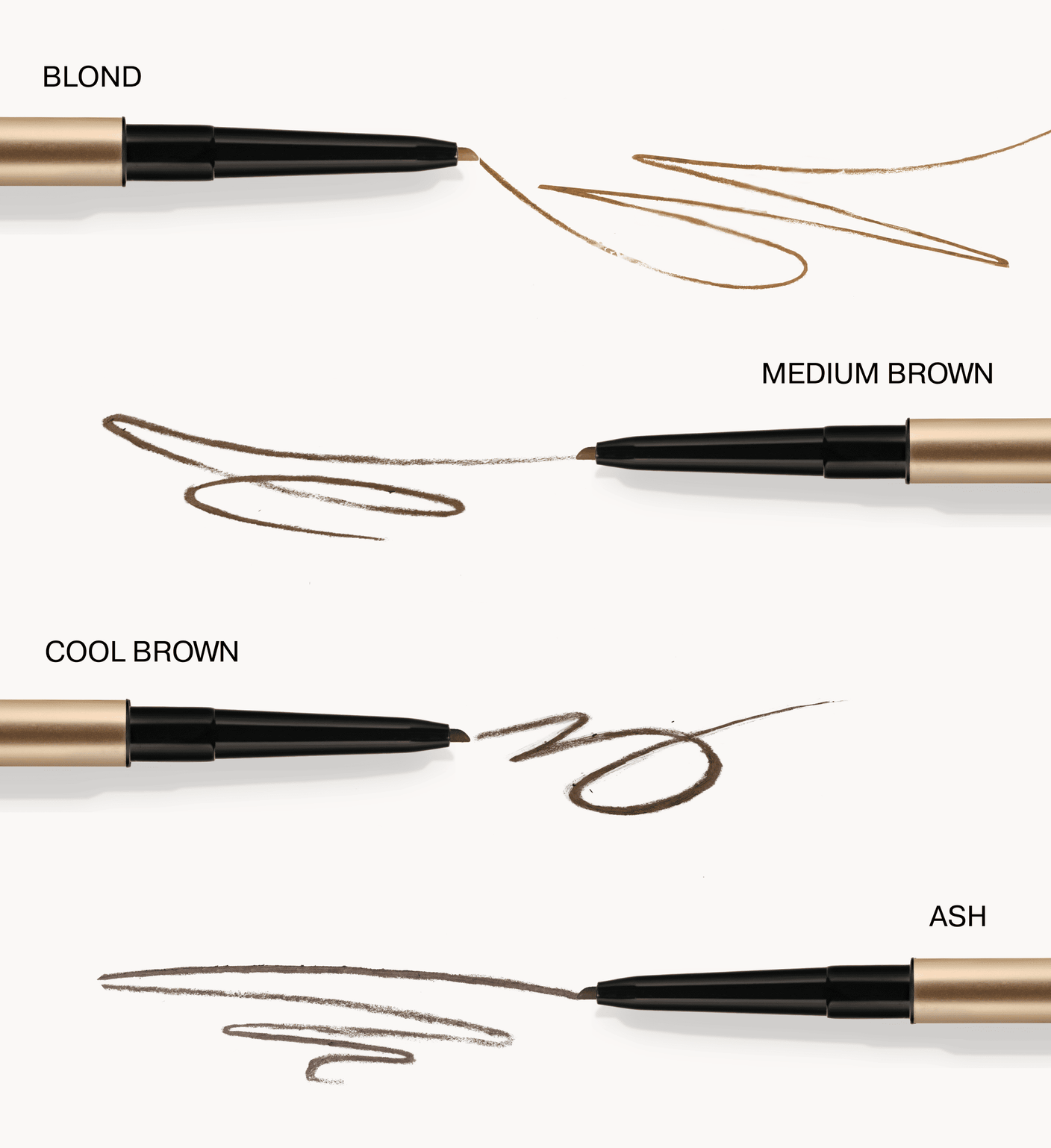 The Precision Brow Pencil swatches in Blonde, Medium Brown, Cool Brown en Ash
