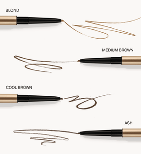 The Precision Brow Pencil swatches in Blonde, Medium Brown, Cool Brown en Ash