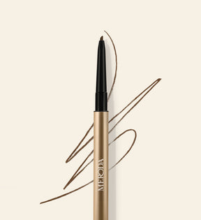 Meroda Cosmetics The Precision Brow Pencil in Cool Brown met een swatch van fijne, haarachtige lijntjes