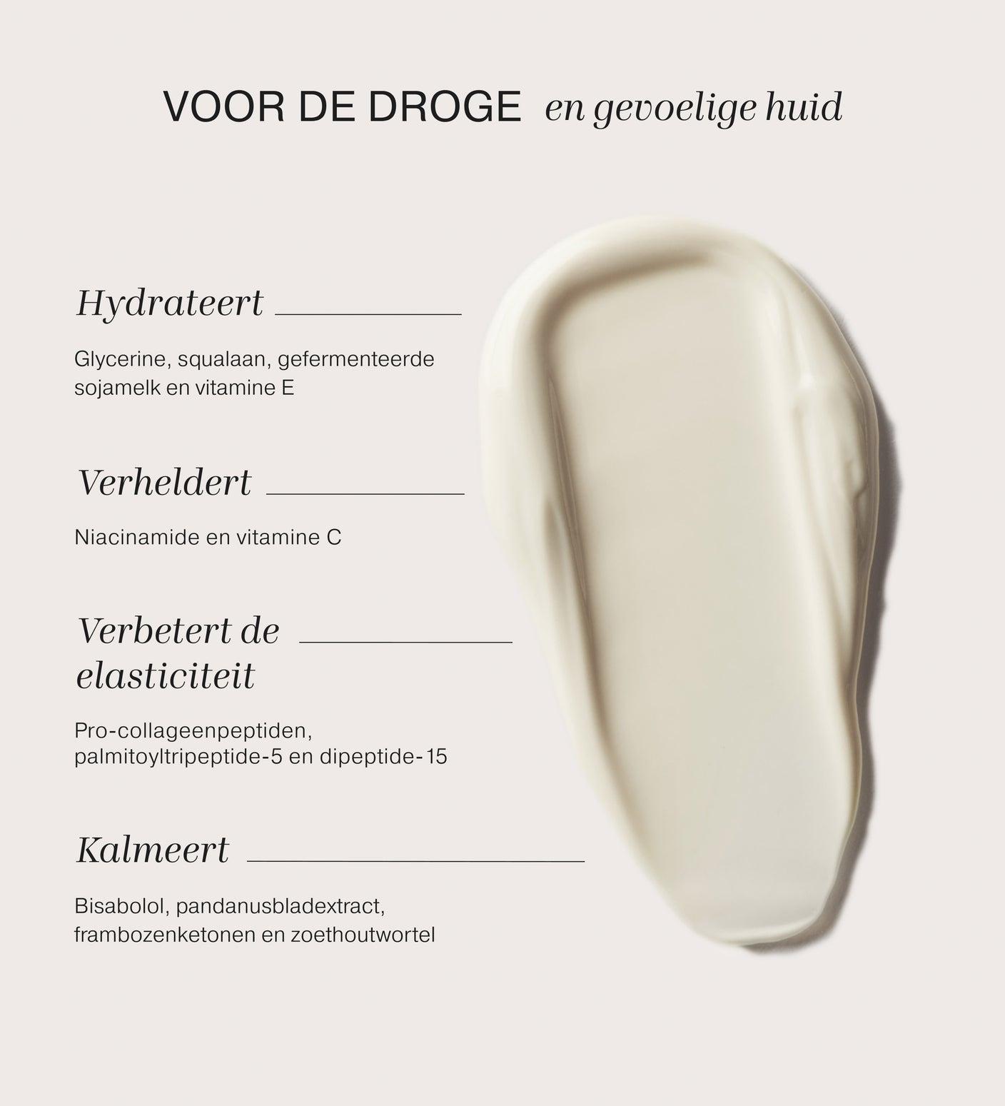 Daily Face SPF 40 witte textuur met ingrediënten voor hydratatie en kalmering van de droge en gevoelige huid.