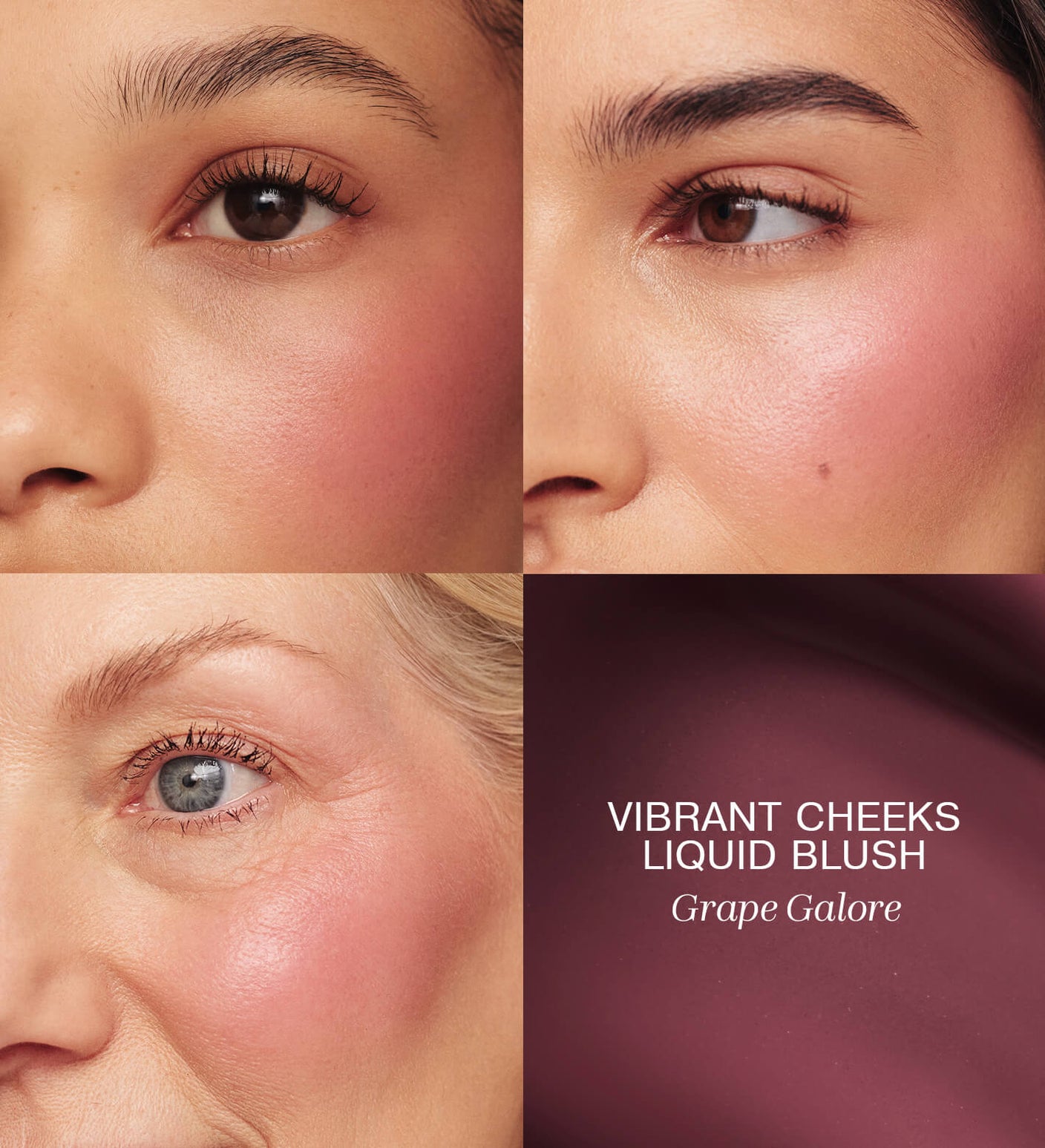 Meroda Cosmetics Vibrant Cheeks Liquid Blush in Grape Galore aangebracht op drie verschillende huidtinten