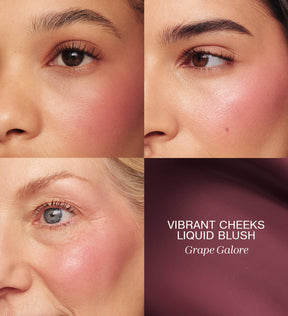 Meroda Cosmetics Vibrant Cheeks Liquid Blush in Grape Galore aangebracht op drie verschillende huidtinten