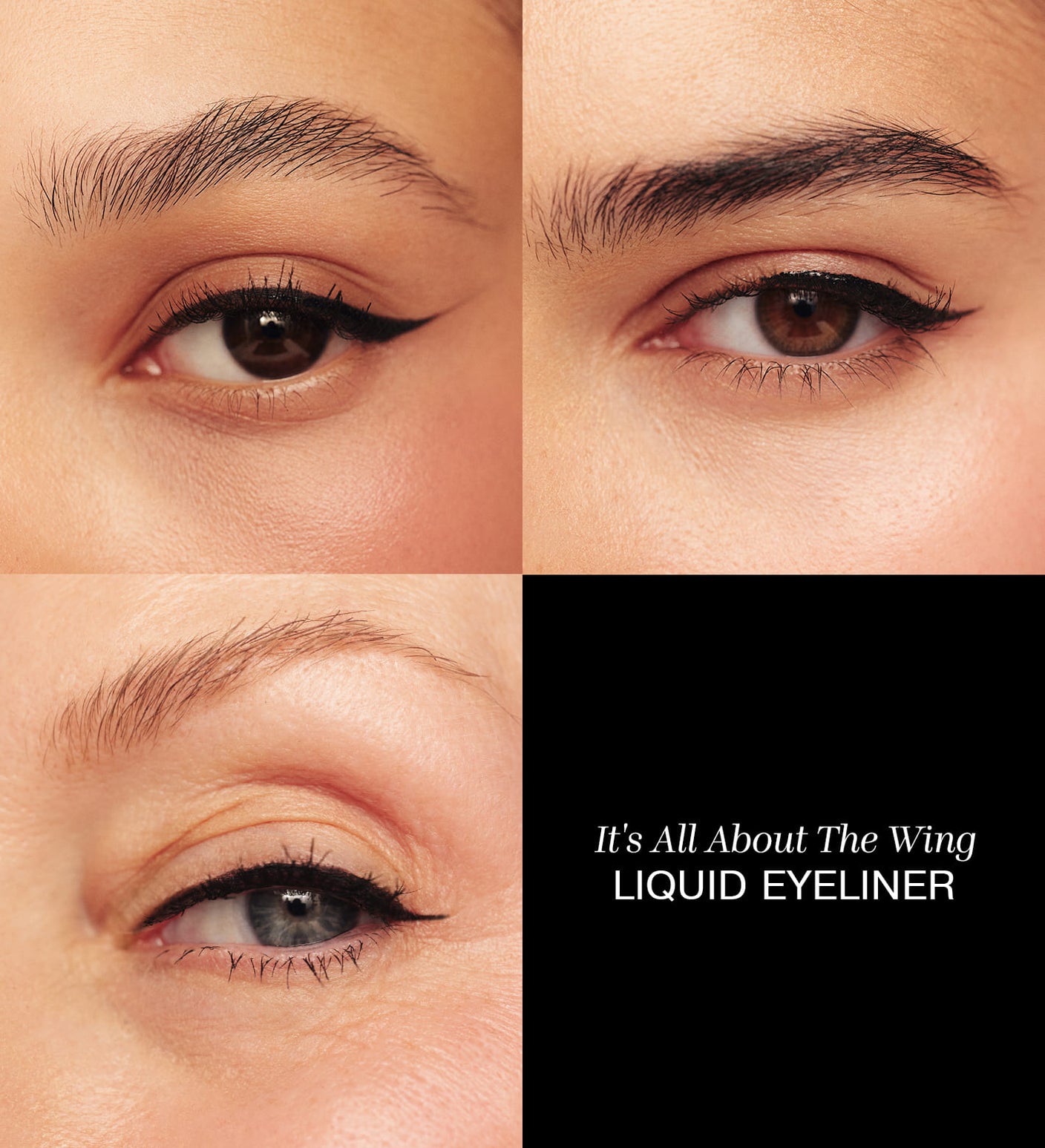 It's All About The Wing Liquid Waterproof Eyeliner aangebracht op drie verschillende ogen met een winged look