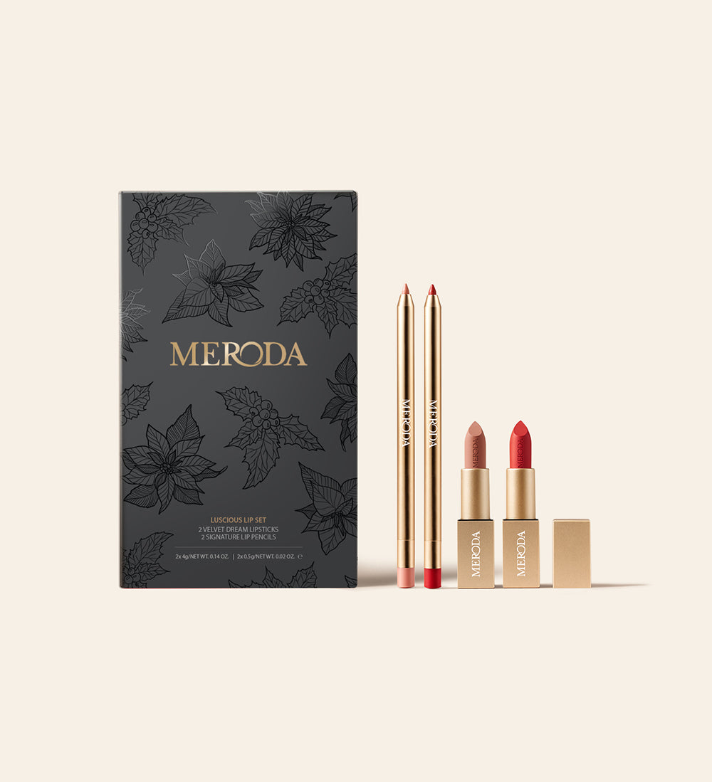 Luscious Lips Set verpakking getoond met Velvet Dream Lipsticks en Signature Lip Pencils in Perfect Nude en Luscious Red