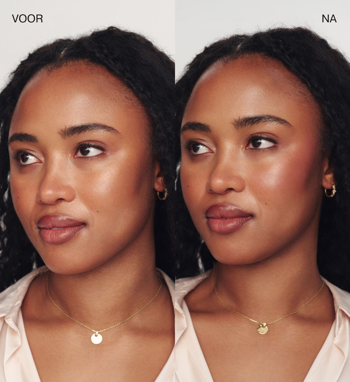 Bronzer Base Bundle voor- en navergelijking met een natuurlijke zomerse gloed op een diepe huidtint