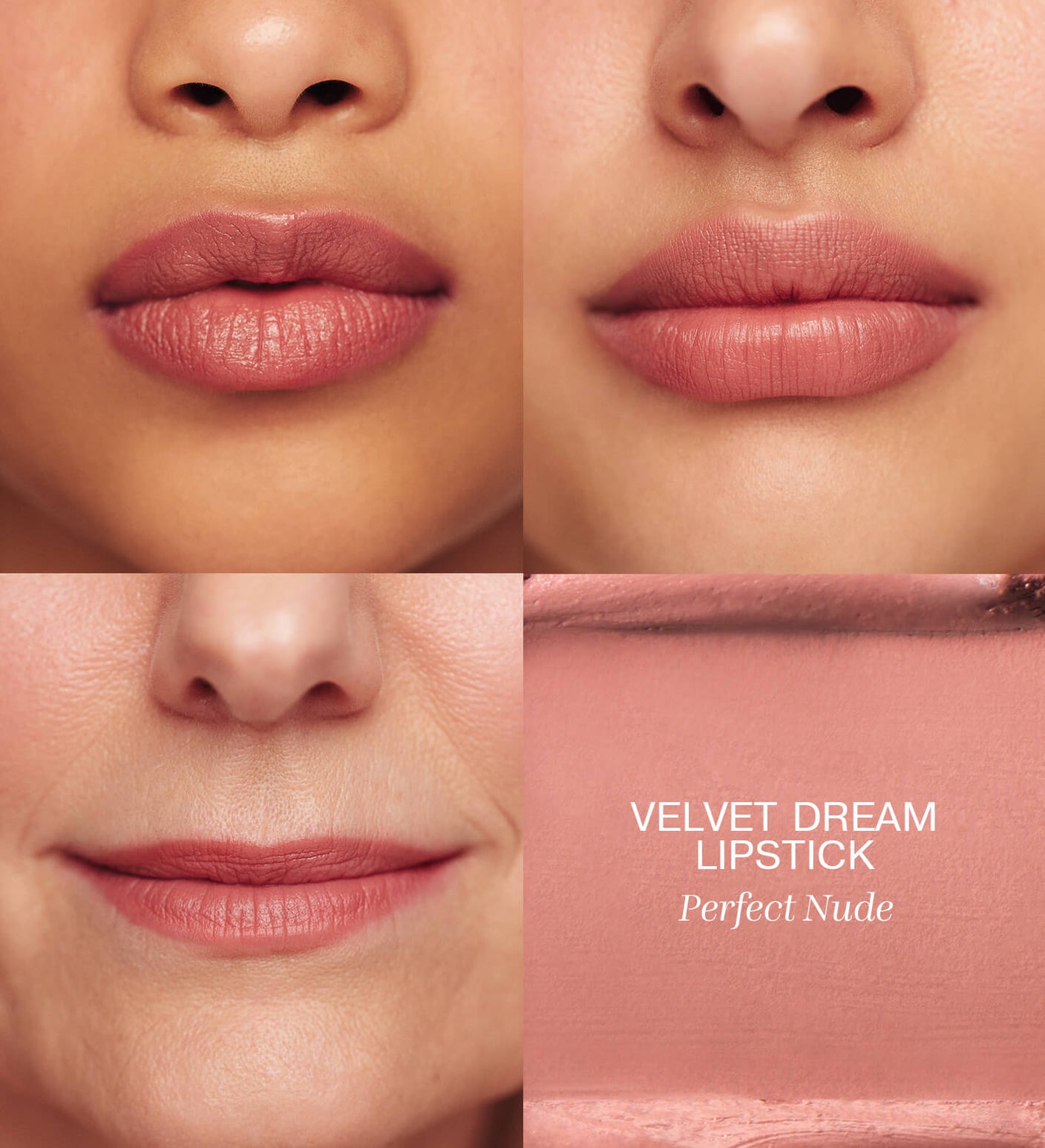 Velvet Dream Lipstick in Perfect Nude aangebracht op lippen en textuur swatch