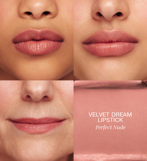All-in-One Bundle met Velvet Dream Lipstick - Perfect Nude swatch en applicatie op verschillende huidtinten