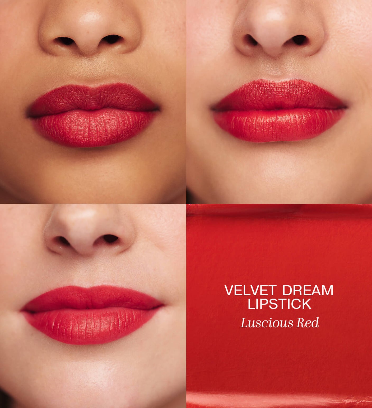 Luscious Lips Set met Velvet Dream Lipstick in Luscious Red op drie modellen en textuur swatch