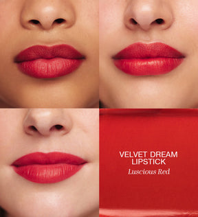Luscious Lips Set met Velvet Dream Lipstick in Luscious Red op drie modellen en textuur swatch