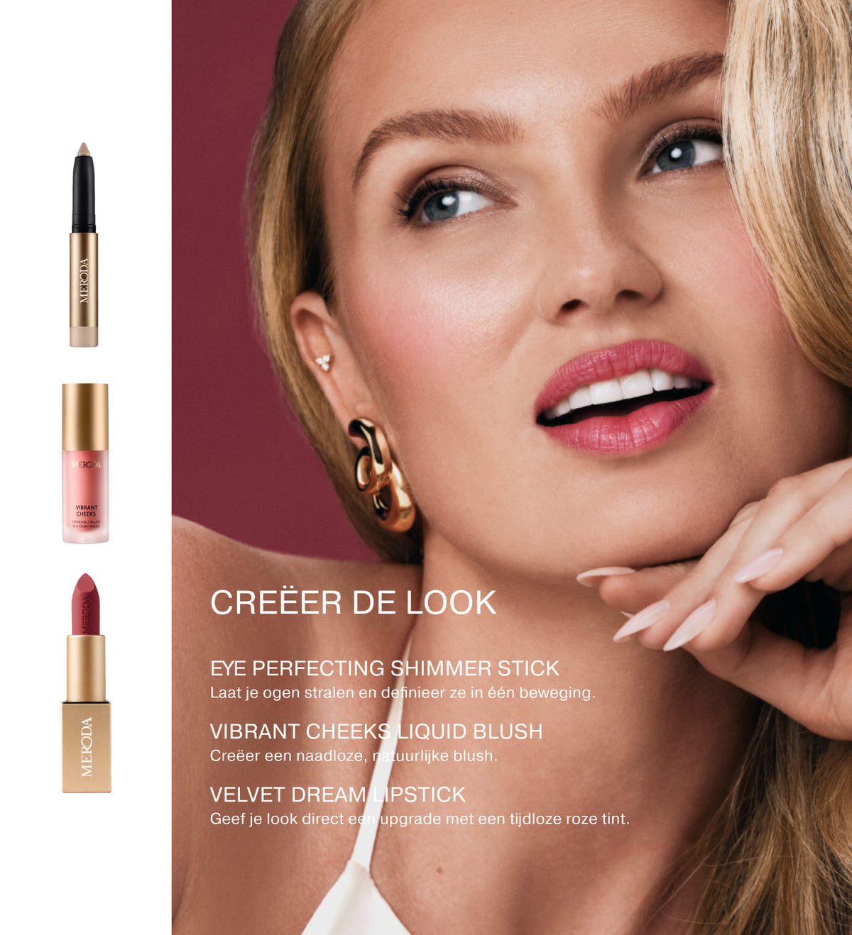 Close-up van een blonde vrouw met make-up naast de shimmer stick, liquid blush en lipstick uit de adventskalender