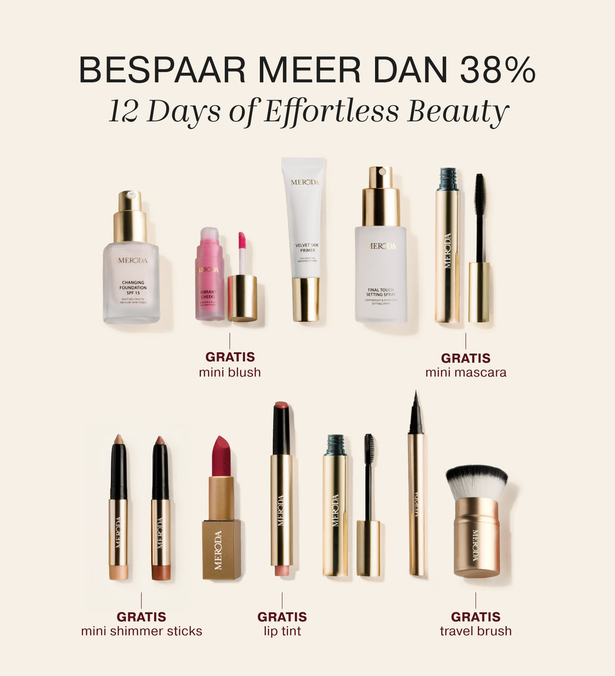 Assortiment van Meroda beautyproducten en tools uit de adventskalender met promotielabels.