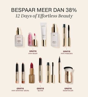 Assortiment van Meroda beautyproducten en tools uit de adventskalender met promotielabels.