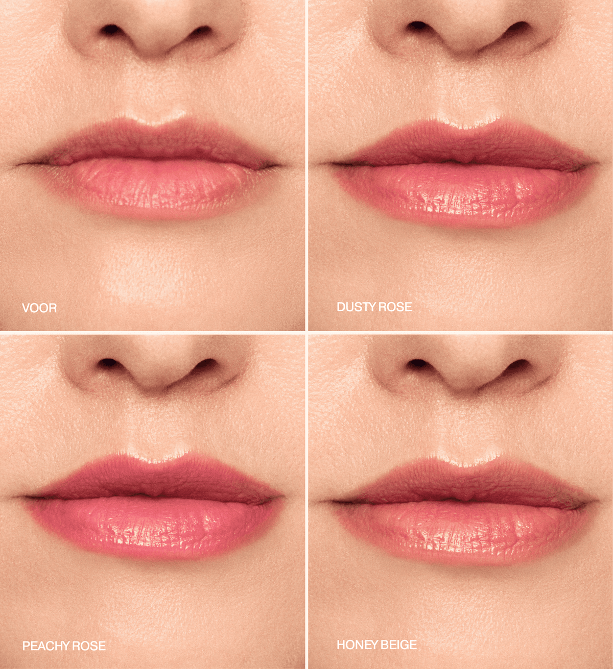 Mini Lip Tint Trio met voor- en na-applicatie van de tinten Dusty Rose, Peachy Rose en Honey Beige.