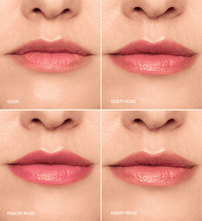 Mini Lip Tint Trio met voor- en na-applicatie van de tinten Dusty Rose, Peachy Rose en Honey Beige.