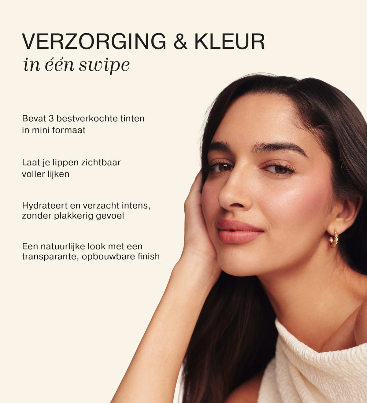 Mini Lip Tint Trio voordelen graphic toont productvoordelen naast een model met een hydraterende tint