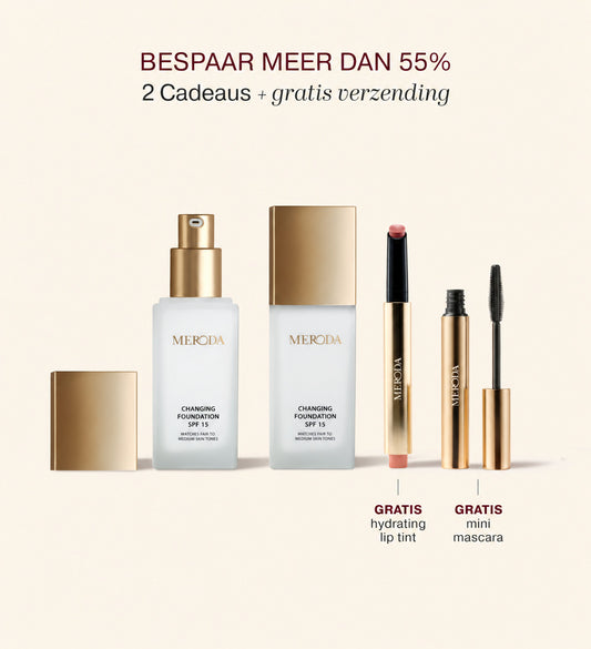 Meroda Changing Foundation SPF 15 bundel met een gratis hydrating lip tint en mini mascara