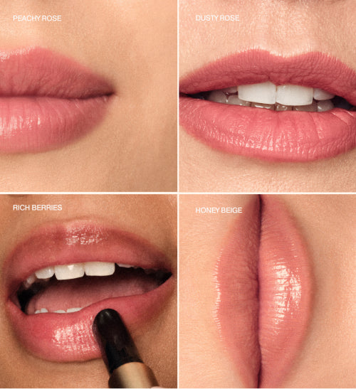 Hydrating Lip Tint shade finder met Peachy Rose, Dusty Rose, Rich Berries en Honey Beige op de lippen