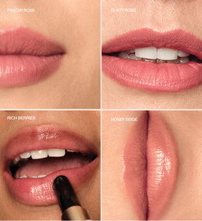 Hydrating Lip Tint shade finder met Peachy Rose, Dusty Rose, Rich Berries en Honey Beige op de lippen