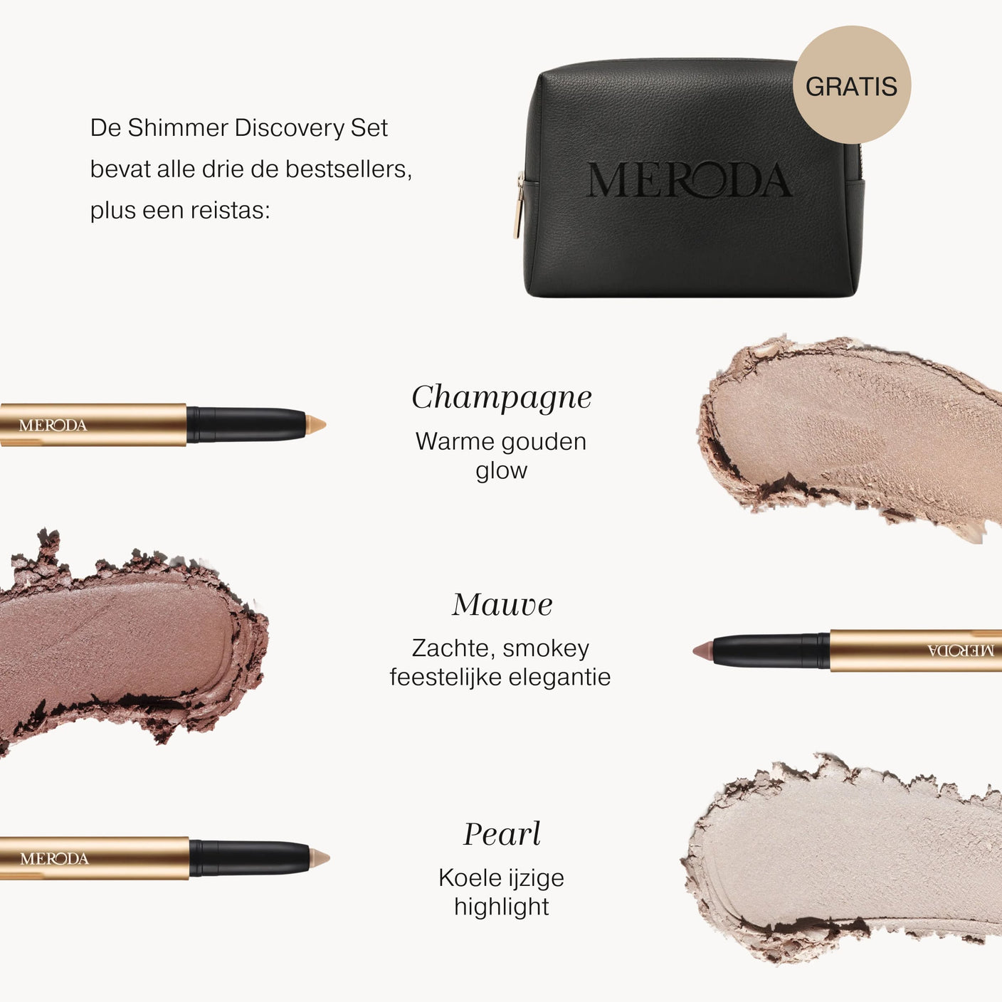 The Shimmer Discovery Set met Eye Perfecting Shimmer Sticks in Champagne, Mauve en Pearl, textuur swatches en zwarte reistas