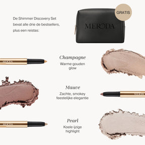 The Shimmer Discovery Set met Eye Perfecting Shimmer Sticks in Champagne, Mauve en Pearl, textuur swatches en zwarte reistas