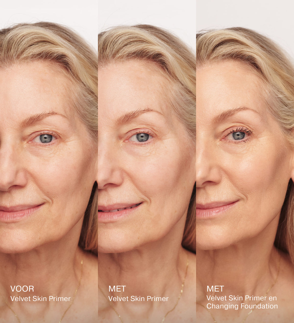 Voor- en na vergelijking van Velvet Skin Primer die de huidstructuur gladder maakt en poriën en fijne lijntjes vervaagt