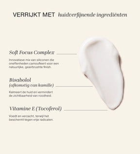 Velvet Skin Primer ingrediënten en soft-focus complex swatch tegen een crème achtergrond