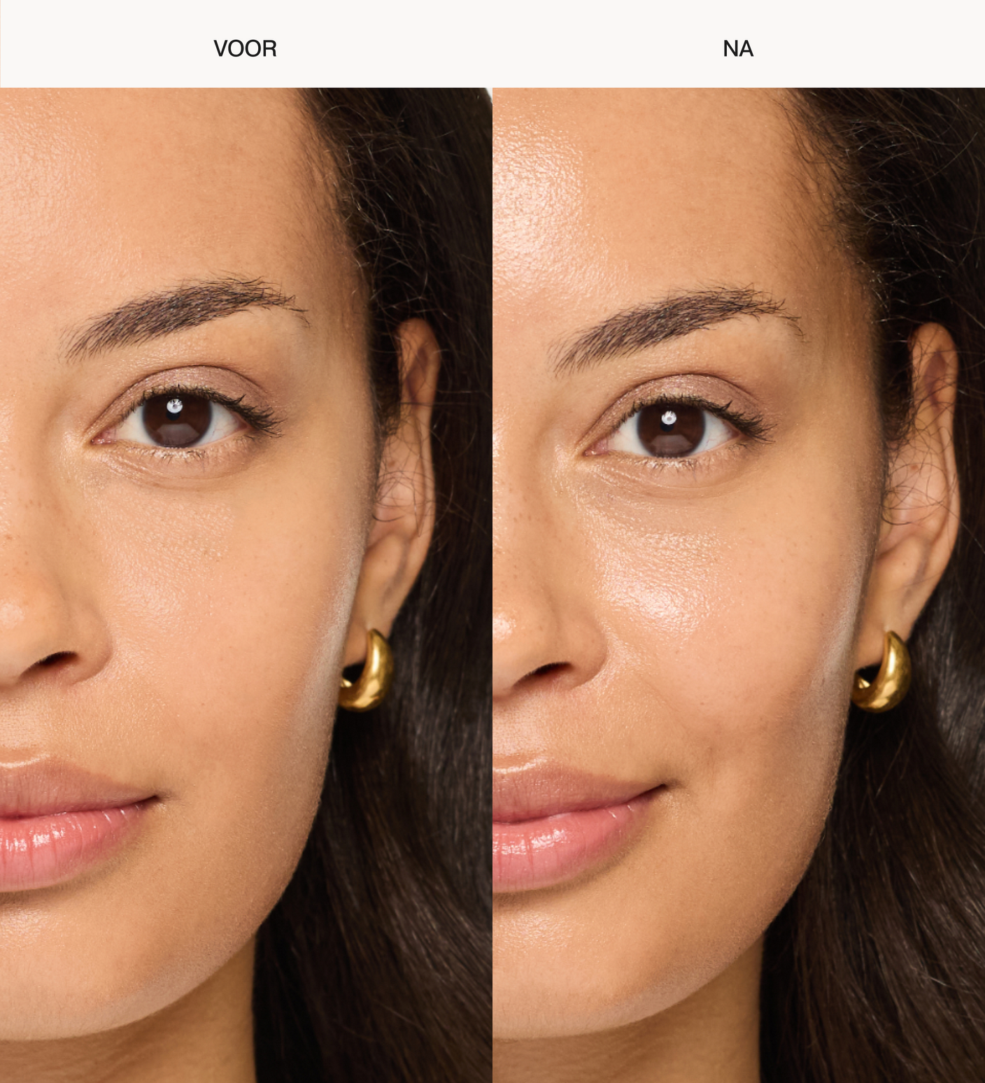 Voor en na vergelijking van Daily Face SPF 40 op een medium huid voor een stralende, gehydrateerde finish.